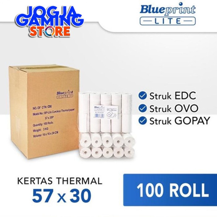 

KERTAS THERMAL KASIR STRUK EDC BLUEPRINT LITE 57x30 , 57 x 30 - 1 Dus SS27