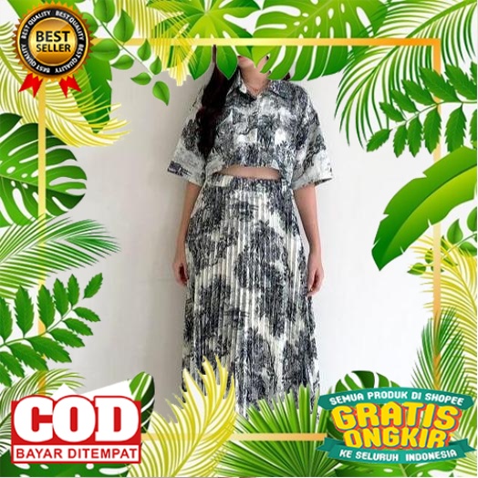 KOREAN STYLE OOTD TRENDY TERBARU /One Set Wanita Nature Korean Vintage Kemeja Crop & Rok Midi Pliske