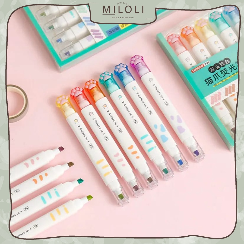 

[MILOLI] 6Pcs HIGHLIGHTER CAT'S PAW 12 COLORS IN 1 MORANDI COLOUR PEN - D0051