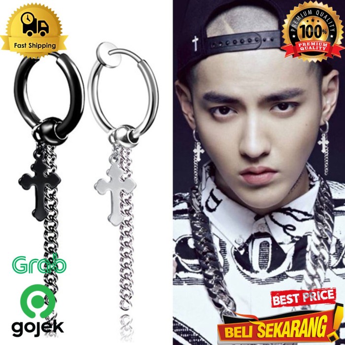 Anting salib jepit magnet tanpa tindik anting tusuk korea hitam ,/ anting salib pria / anting jepit 