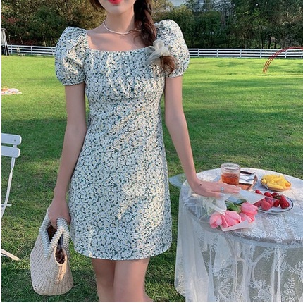 Mini Dress Rok diatas Lutut Bunga Simple Putih atau Hijau Tua Lengan Pendek - Dres Gaun Baju Pakaian
