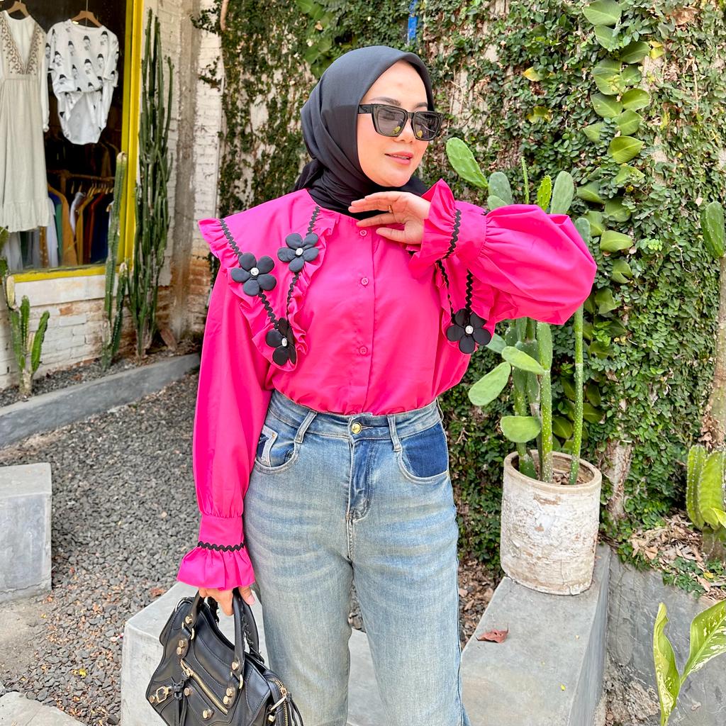 KamEpisode - Top Talita Kemeja Wanita Motif Bunga-Bunga di Kerah