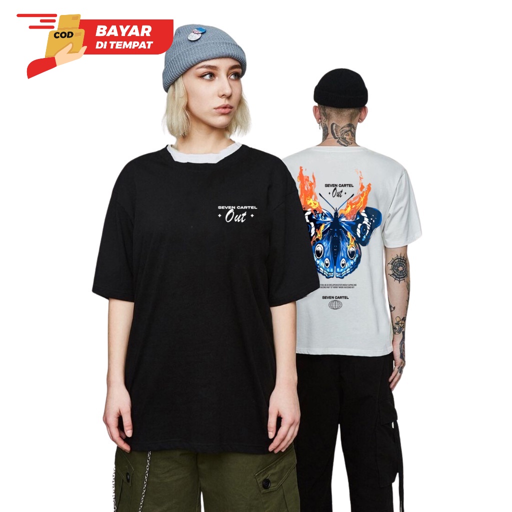 PROMO COD Kaos Distro  Kaos Oblong  Kaos Keren Kekinian  Motif Kupu Kupu Api Unisex Baju Keren COD L