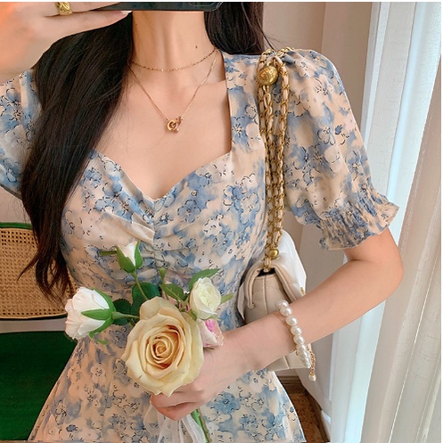 Midi Dress Panjang Rok Sebetis Lengan Balon Pendek Motif Bunga Warna Biru Langit - Dres Gaun Pakaian