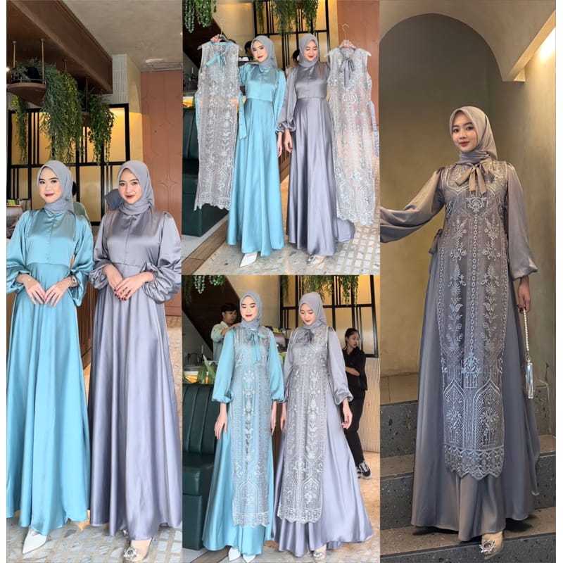 CLARA DRESS BAHAN SATIN ROBERTO MIX OUTER TILLE MOTIF LD 120CM JUMBO DRESS KONDANGAN SERAGAM BRIDESM
