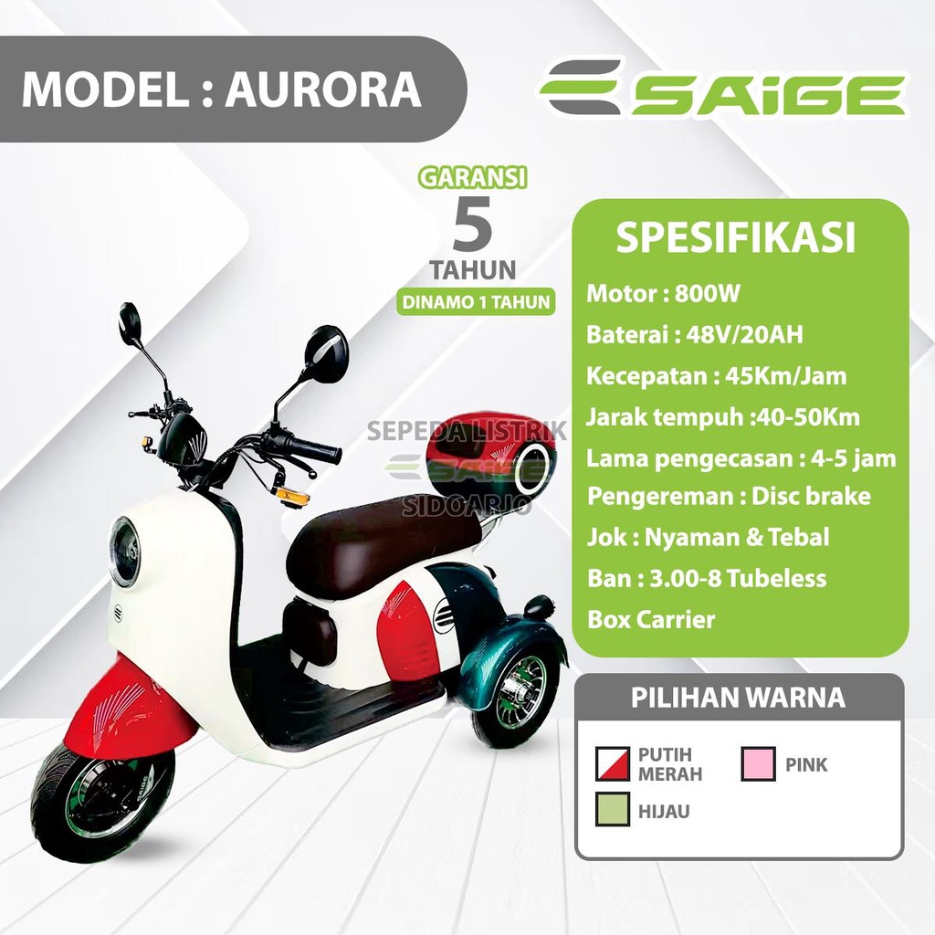 Sepeda Listrik Saige Tipe Aurora Garansi Resmi