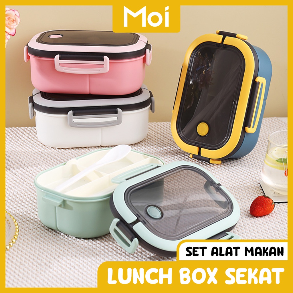 Moi LUNCH BOX Sekat Set Alat Makan Dengan Gagang Waterproof | Kotak Bekal Makan Siang Anak dan Dewasa