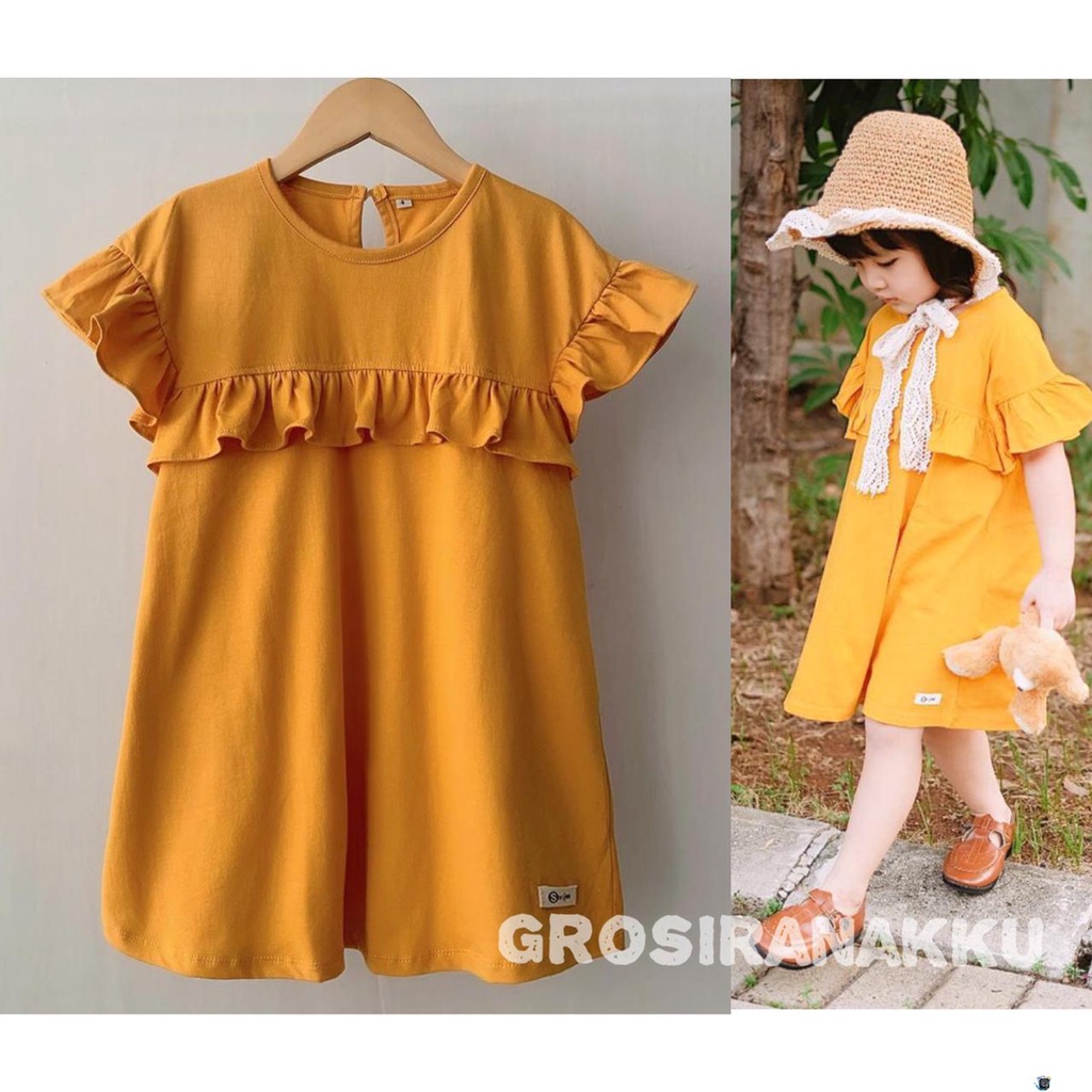 Dress Anak Perempuan OOTD Baju Kaos Anak Cewek Lucu Murah Rufel Polos  Warna Kuning Kunyit Kekinian 
