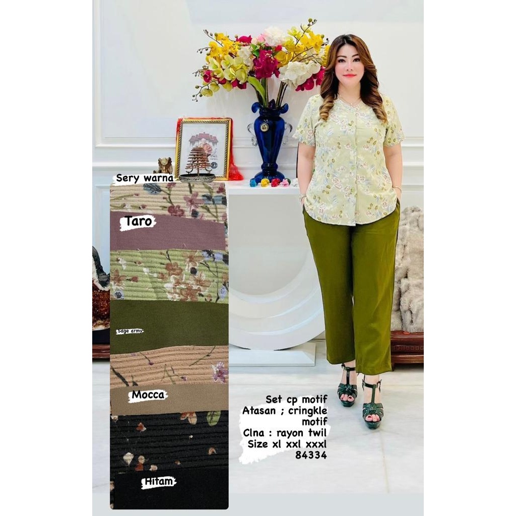 84332 stelan wanita celana panjang cringkel motif polos terbaru kekinian jumbo one set baju dan cela