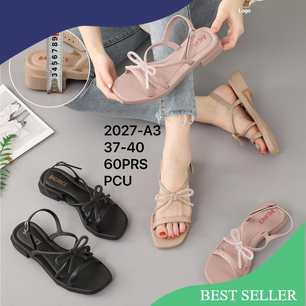 Sandal Selop Tali Wanita Karet Import BALANCE Motif Pita Ringan Empuk Sol Tebal 4 Cm / 2027-A3/ Beau