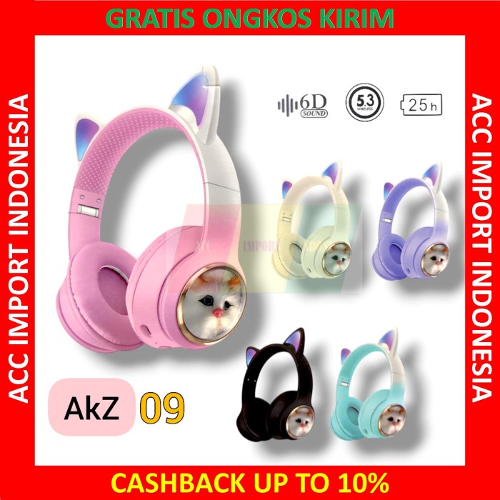 Headphone Bluetooth Headset Cat Ear LED Bando Kucing Pet Lucu Bass Mic - Hitam