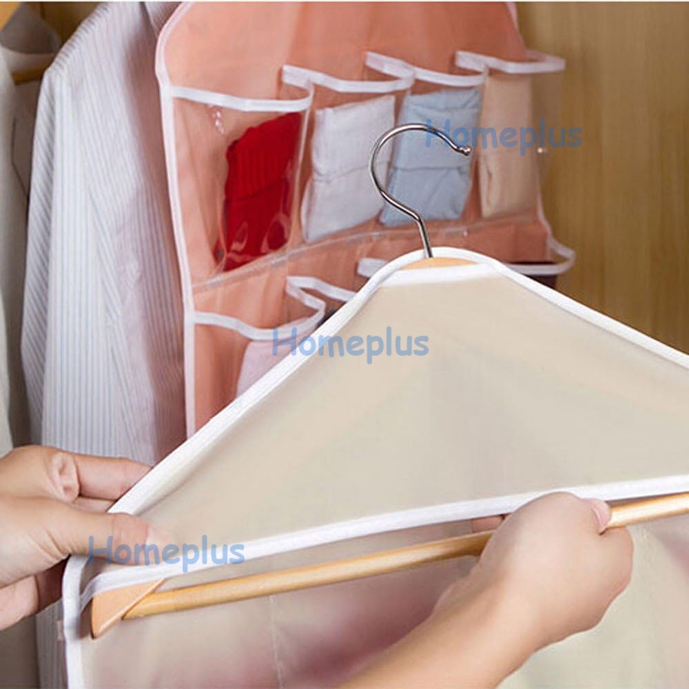 HomePlus Gantungan Organizer 16 Kantong Multi-Grid Lemari Pakaian Kaus Kaki Klasifikasi Tas 16 Kantong Hanger Organizer Sebaguna Pouch Korean