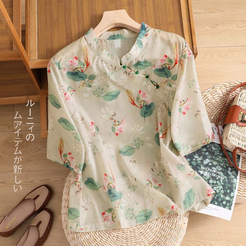 Cotton and linen Chinese floral women's shirt