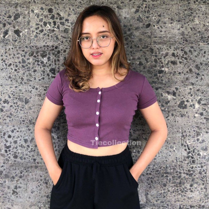 Rib Crop Kancing Lengan Pendek Premium Wanita Atasan Crop Top Blouse - Beige