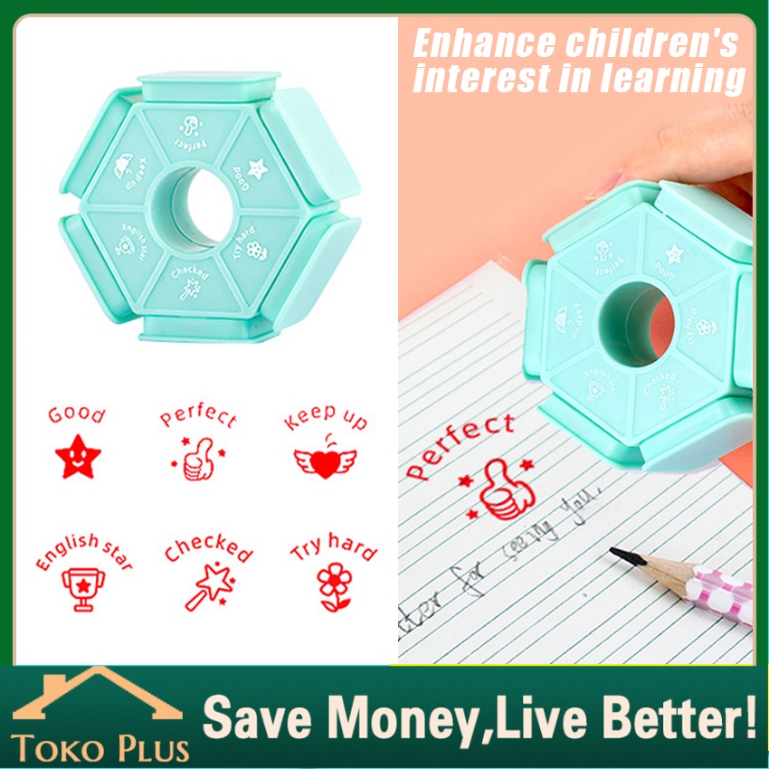 

6in1 Teacher Stamp Stempel Reward Anak TK Inking Comment Stamp English Version Praise Reward for School Classroom Homework Grading Stamp Motivational