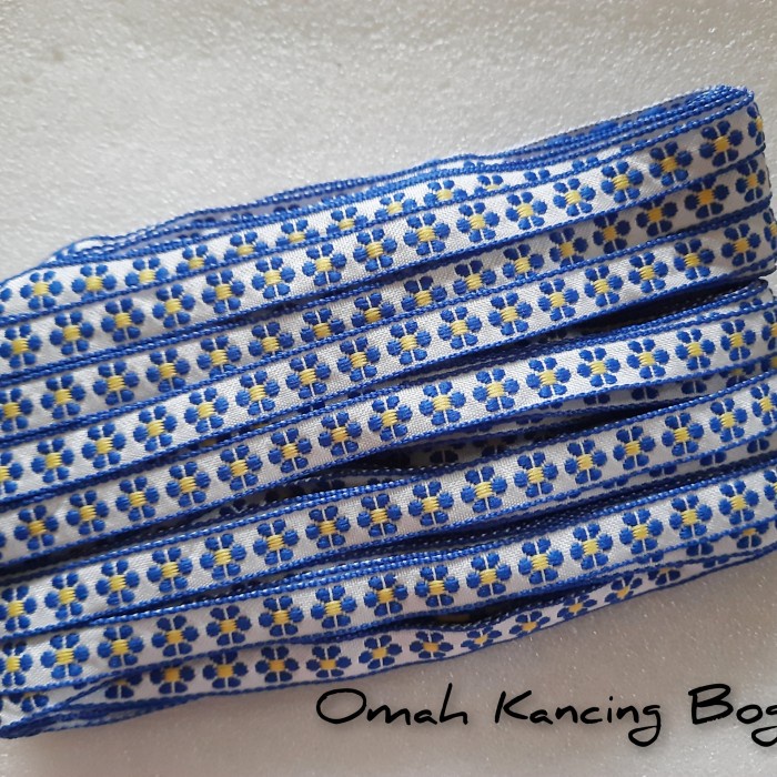 Biru | Renda Pita Motif Bunga Bintik Lebar 1cm | Renda Kain