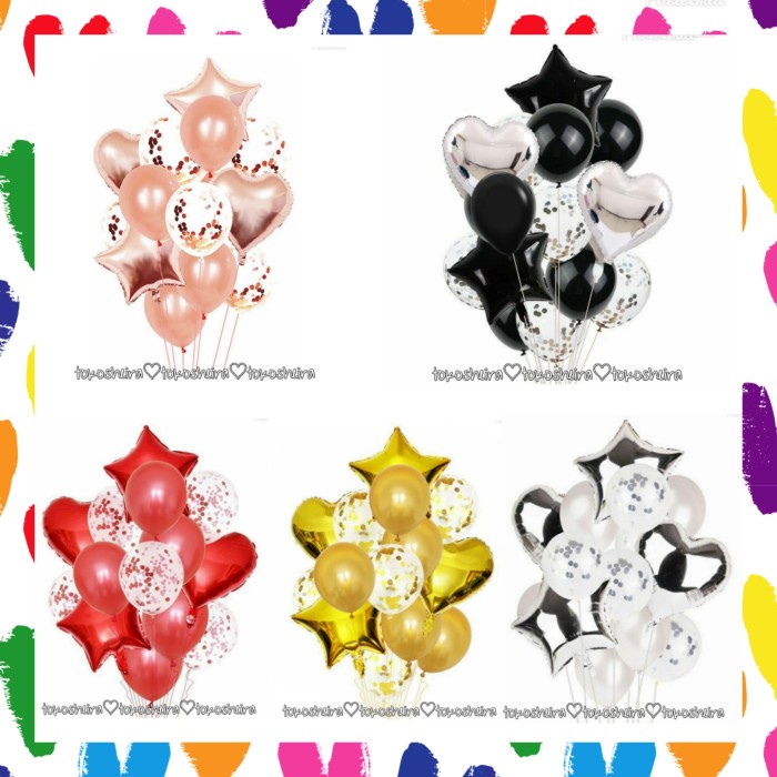 Paket Balon Confetti Set Isi 17 Balon Love Bintang 40cm Silver Gold - Gold
