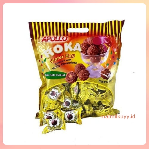 

Apollo Roka Coklat isi 70 Pcs 420 gr Wafer Bulat Balut Kacang Import