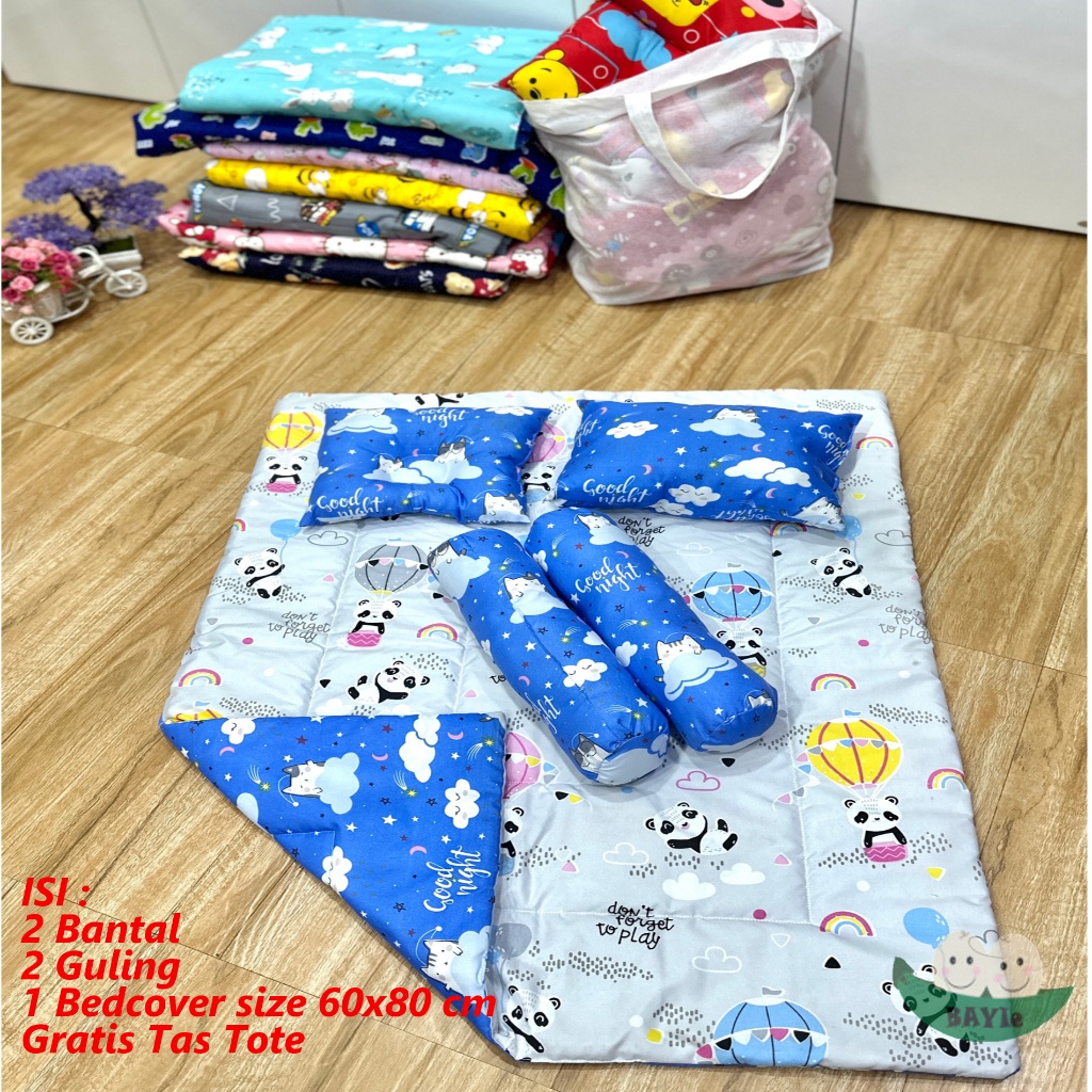 Set Lengkap Bed Cover Bayi Anak + 2 Bantal + 2 Guling Motif Karakter Size 60x 80 cm Free TAS /Selimu