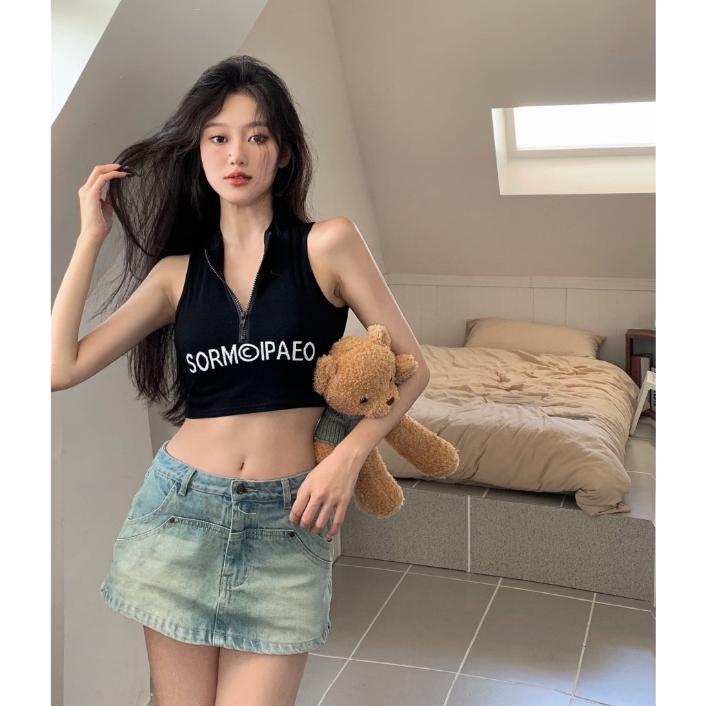 WINGALERY Atasan Tanktop Wanita Halter Knit ZIp Crop Top Atasan Wanita Tanpa Lengan 4092