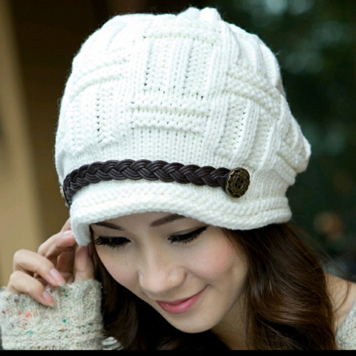 topi kupluk rajut import wanita - Putih