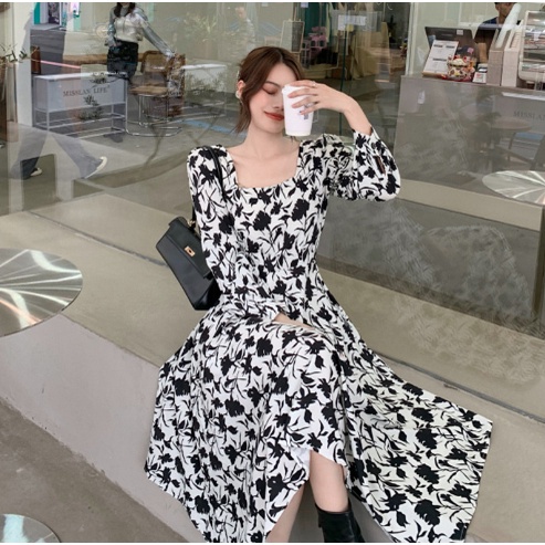 Midi Dress Panjang Rok dibawah Lutut Sebetis Asimetris Floral Warna Kombinasi Hitam Putih Lengan Pan