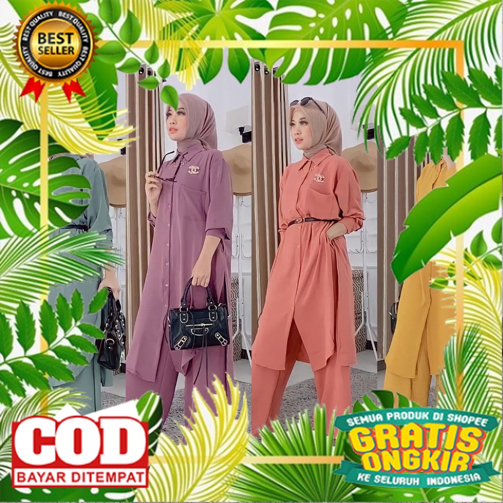 KOREAN STYLE OOTD TRENDY TERBARU /COD || New Set Long Tunik Sabrina || Setelan Baju  Tunik Dan Celan