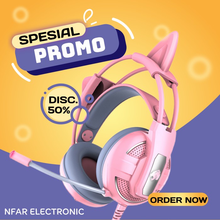 Headset Gaming Pink Cat Ear Headphone Gaming Telinga Kucing Cute Lucu