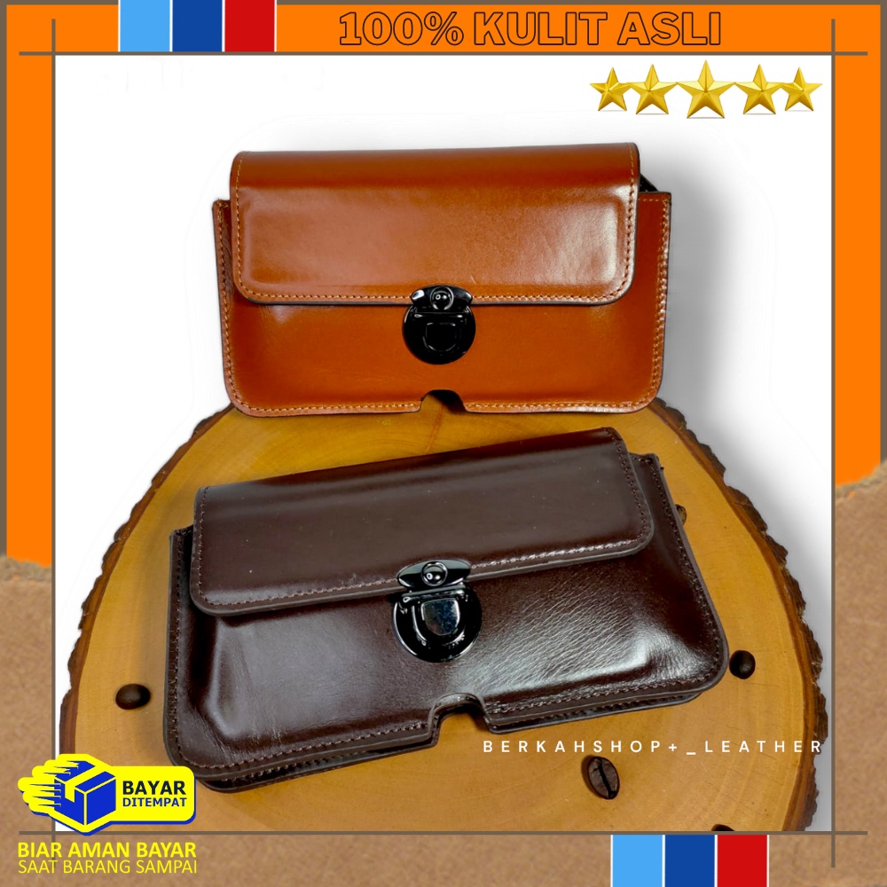 Dompet Sarung Tempat Hp Pinggang Kulit Asli Pria Cowok Doble 2 Slot Ukuran 6,5 - 6,7 Inchi Kulit Sap