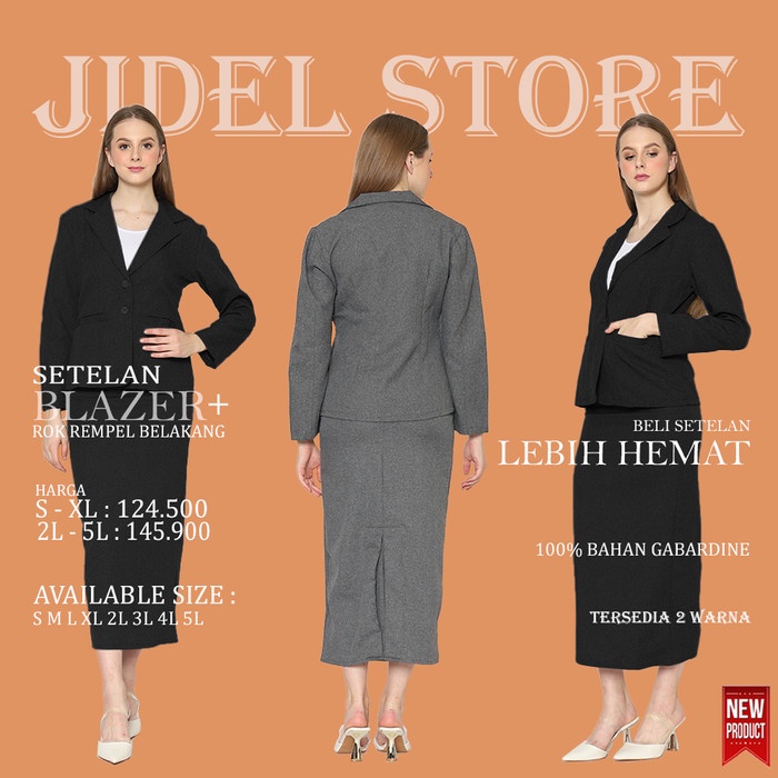 Setelan BLazer Dan Rok Biron Rempel Wanita Panjang Hitam Dan Abu JUMBO - HITAM+ROK HITAM, S