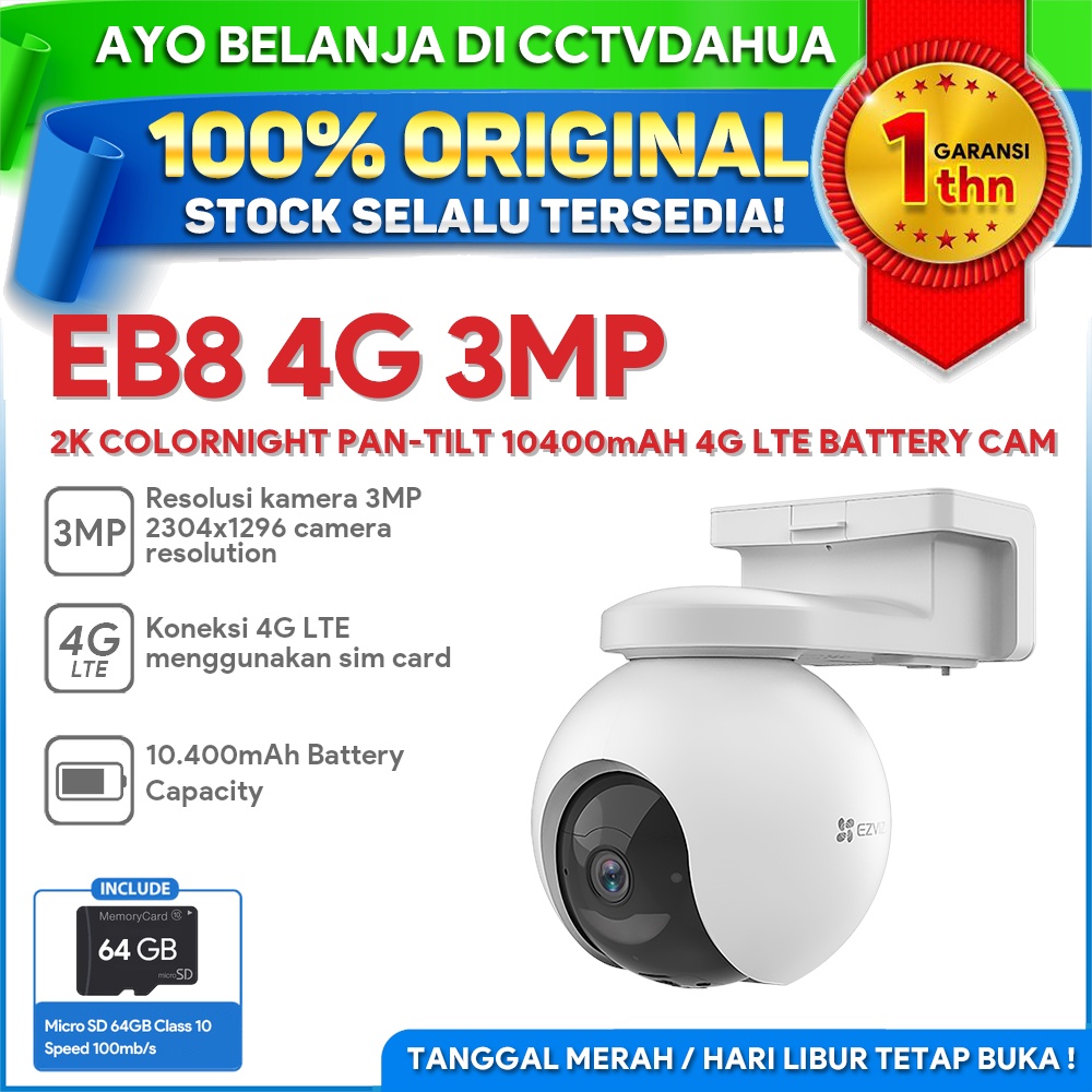 EZVIZ EB8 4G 3MP 2K COLORNIGHT PAN-TILT 10400MAH 4G LTE BATTERY CAM FREE MICRO SD 64GB