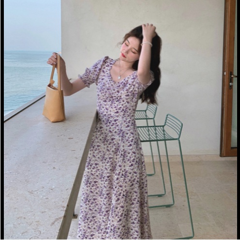 Midi Dress Rok dibawah Lutut Sebetis Motif Bunga Ungu Lengan Pendek Balon Size S M L XL XXL- Dres Ga