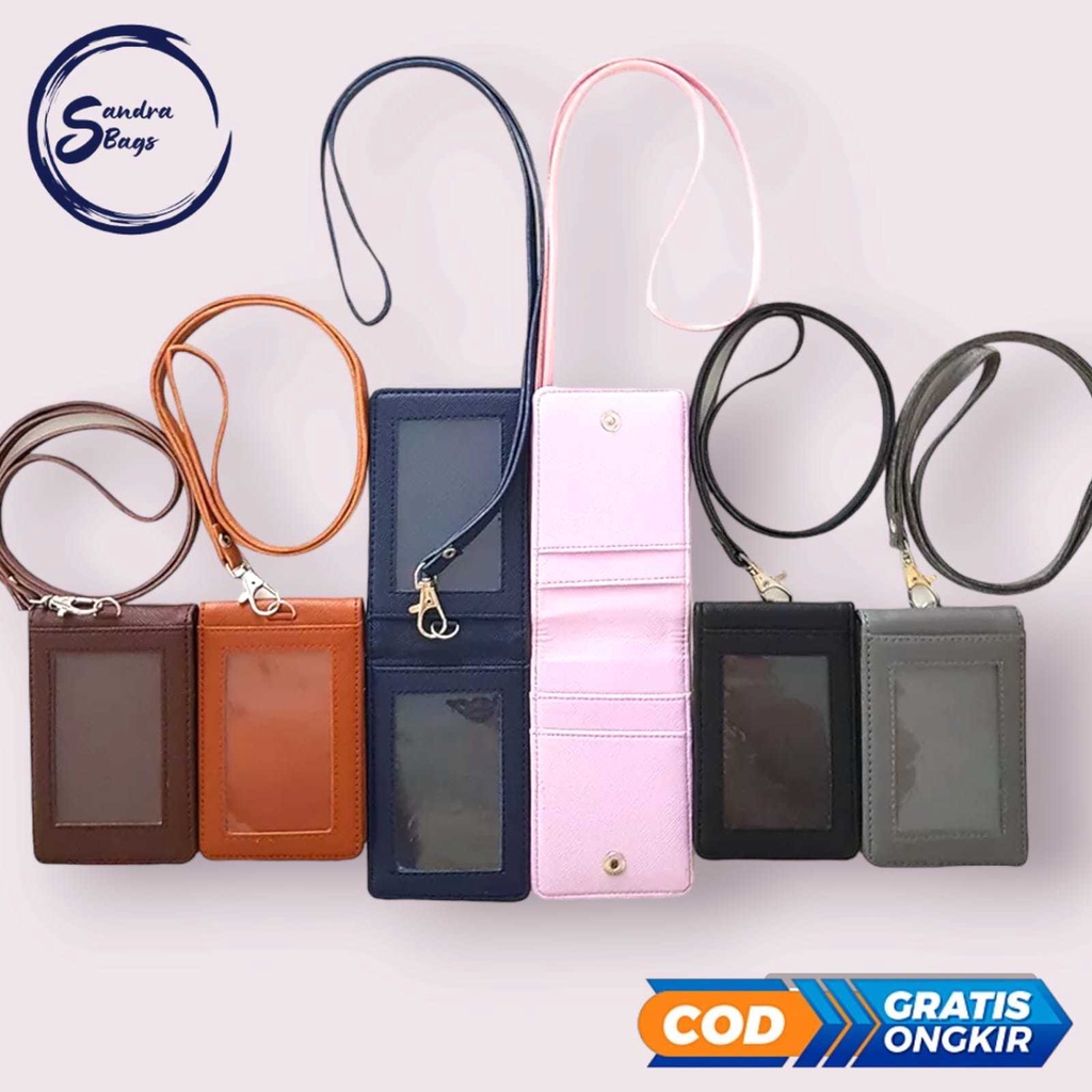 

SB Dompet ID Card Holder Name Tag Gantungan Leher Lanyard Kulit Dua Sisi Bolak Balik Pria Wanita