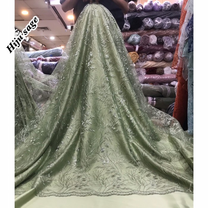 Kain Brokat Tile Warna Sage Green. Bahan Lace Kebaya Brukat Tulle Sage - Furing S.Velvet