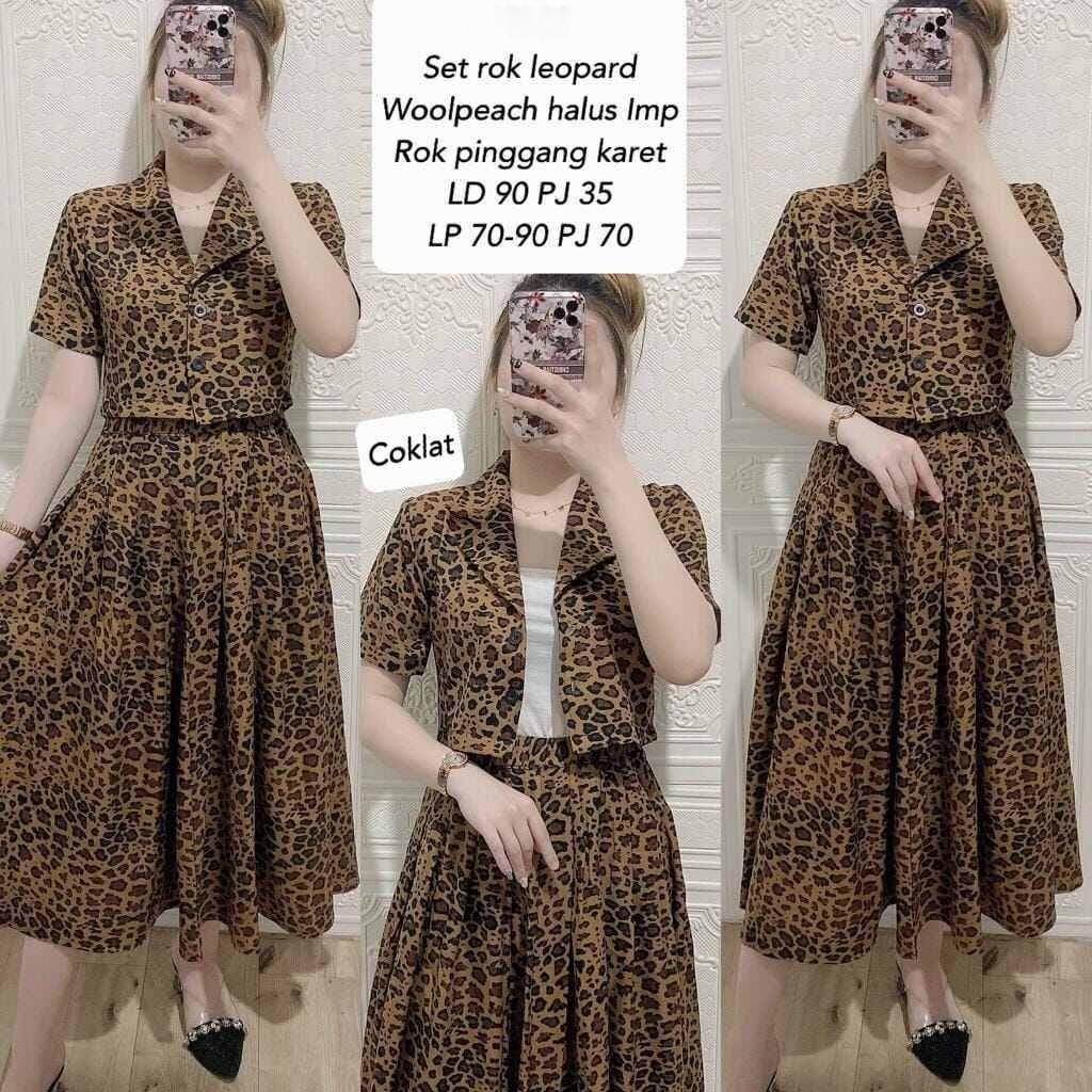 setelan wanita/SET ROK DAN ATASAN CROP LEOPARD