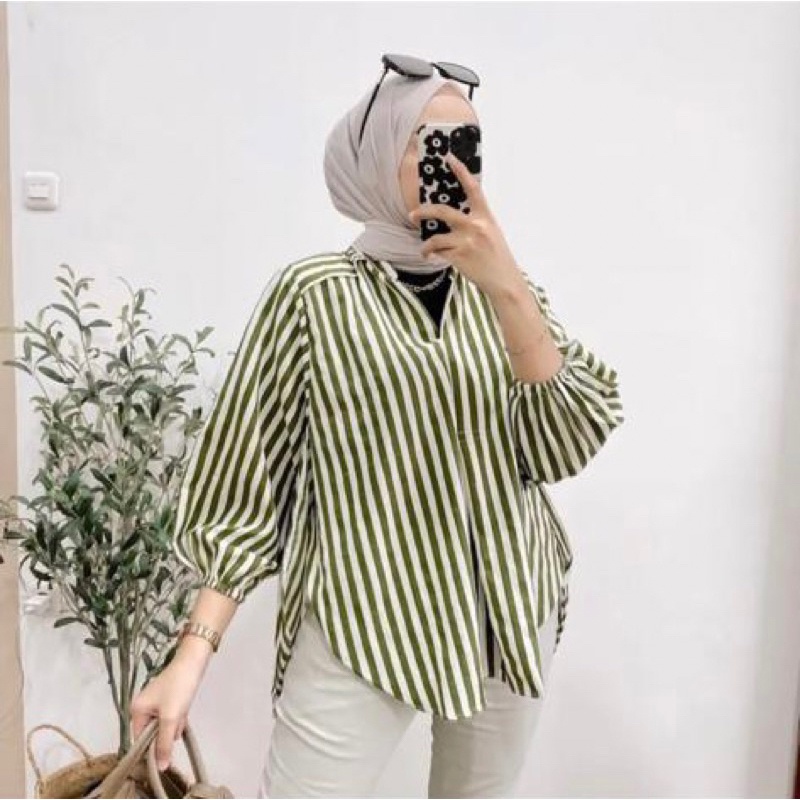 CASHA - ZFS HEM MONI / MIRIN TOP / Kemeja Oversize Stripe Terbaru / OOTD Kasual Hem Wanita Kemeja Ke