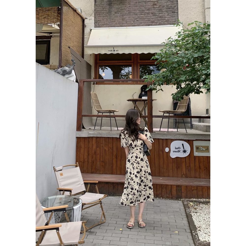 Midi Dress Rok Panjang dibawah Lutut Sebetis Coklat Bunga Hitam Lengan Balon Pendek - Dres Gaun Baju