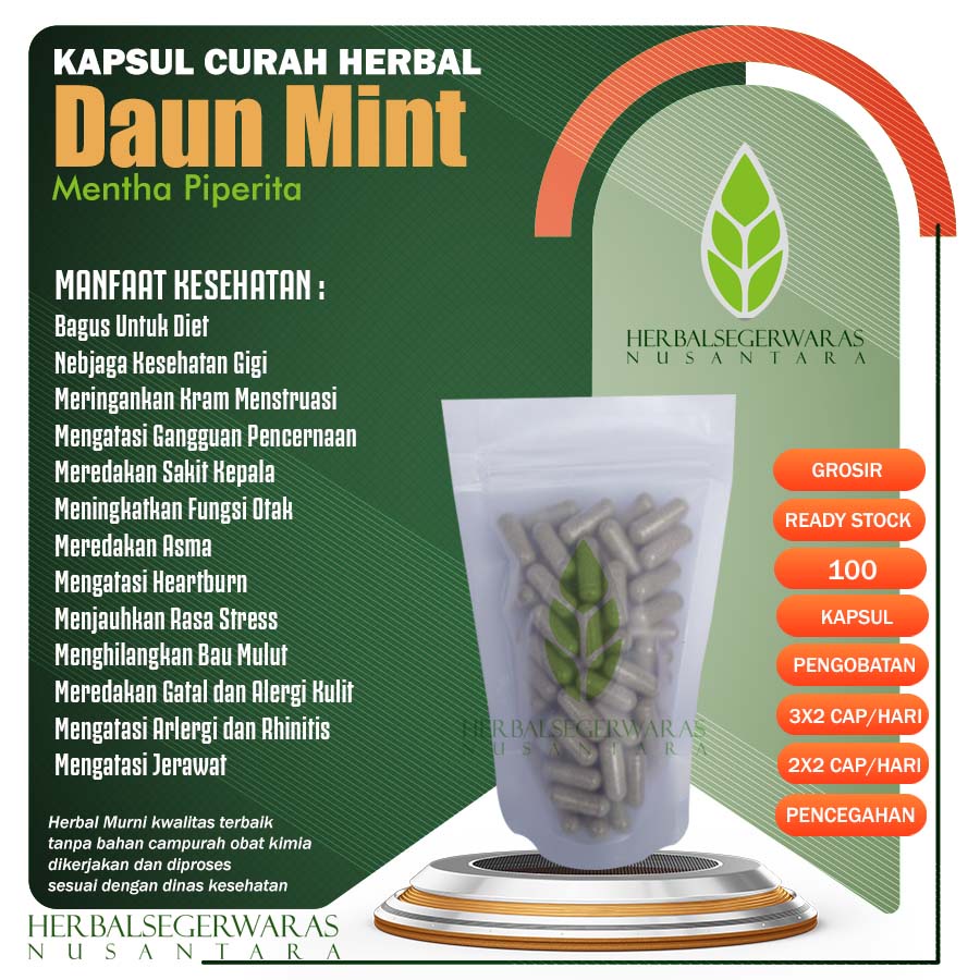 DAUN MINT 100 Kapsul Curah Herbal Diet Jerawat Fungsi Otak Stres Gigi