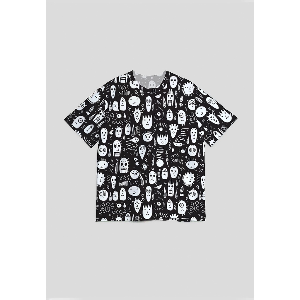 NX021 kaos oversize full motif abstrak aesthetic doodle face bahan tebal light scuba Nade