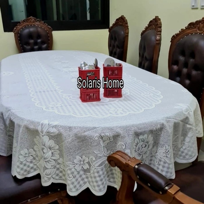 Taplak Meja Makan Oval Bulat Telur 6k Panjang 230Cm Kain Renda Putih