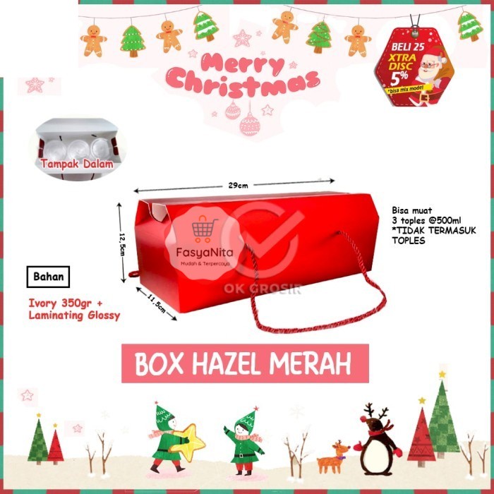 

Box Natal HAZEL MERAH untuk 3 Toples 500ml / Kado Natal (per 1 pcs) - FasyAnita Mart Denpasar