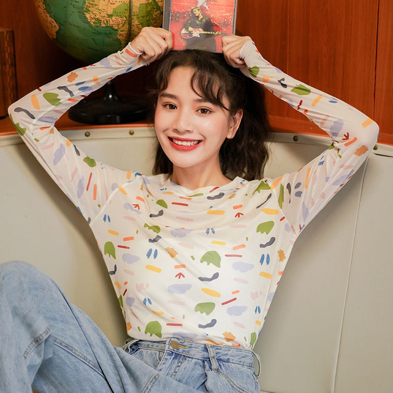 [ COD ] Aroana Kemeja Bottoming Jaring Tabir Surya Musim Panas Wanita Lengan Panjang Tipis dengan T-