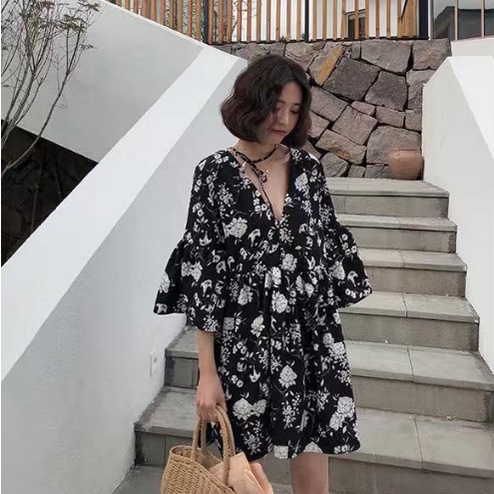 Oversized Boho Style Mini Dress Rok Diatas Lutut Lengan Trompet Pendek - Dres Gaun Baju Pakaian Busa