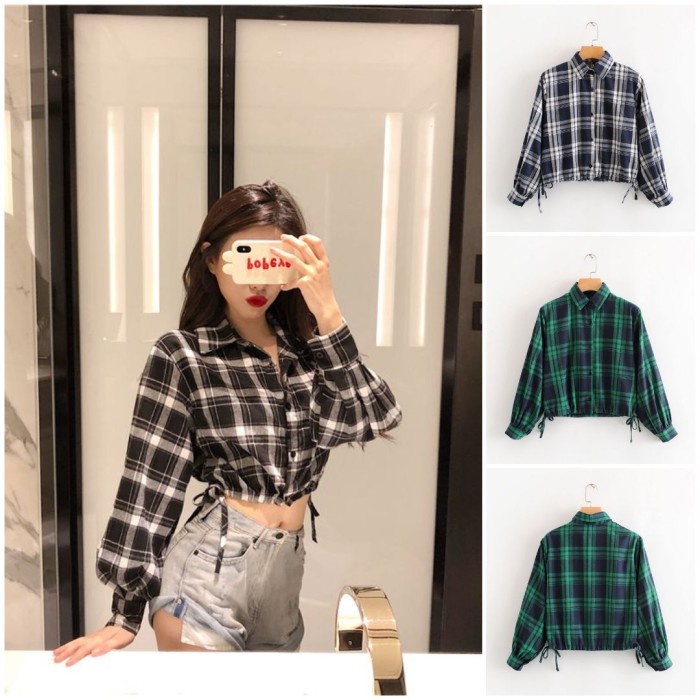 KEMEJA WANITA KOTAK LENGAN PANJANG CROP WARNA HITAM DAN HIJAU PREMIUM