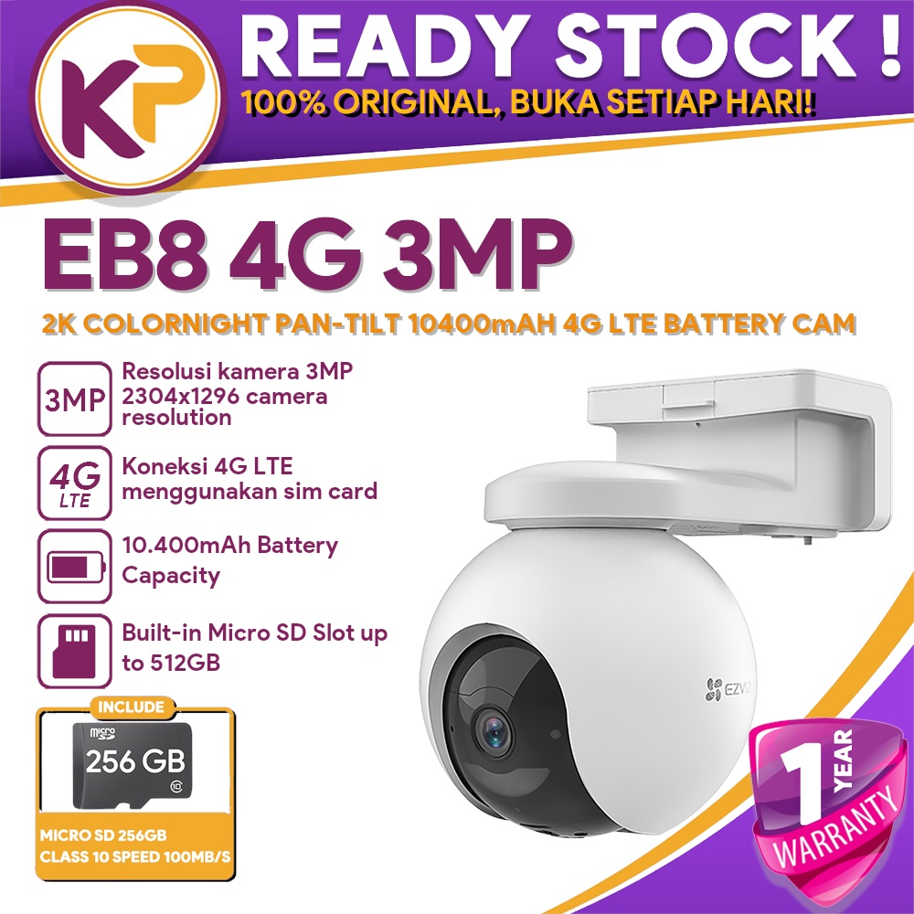 EZVIZ EB8 4G 3MP 2K COLORNIGHT PAN-TILT 10400MAH 4G LTE BATTERY CAM FREE MICRO SD 256GB