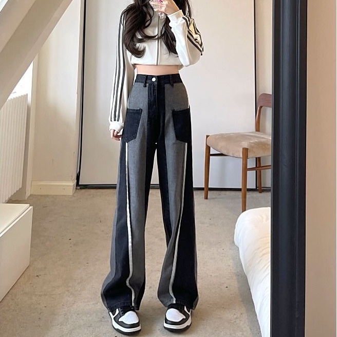 Celana Jeans Wanita Warna Hitam-Abu-abu Tinggi Pinggang, Longgar, Dan Sedikit Melebar