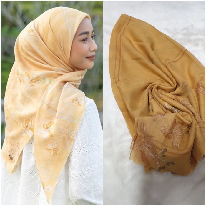 HIJAB SEGIEMPAT Denay Motif 1 Voal Premium / Jilbab Segiempat Motif - Mustard