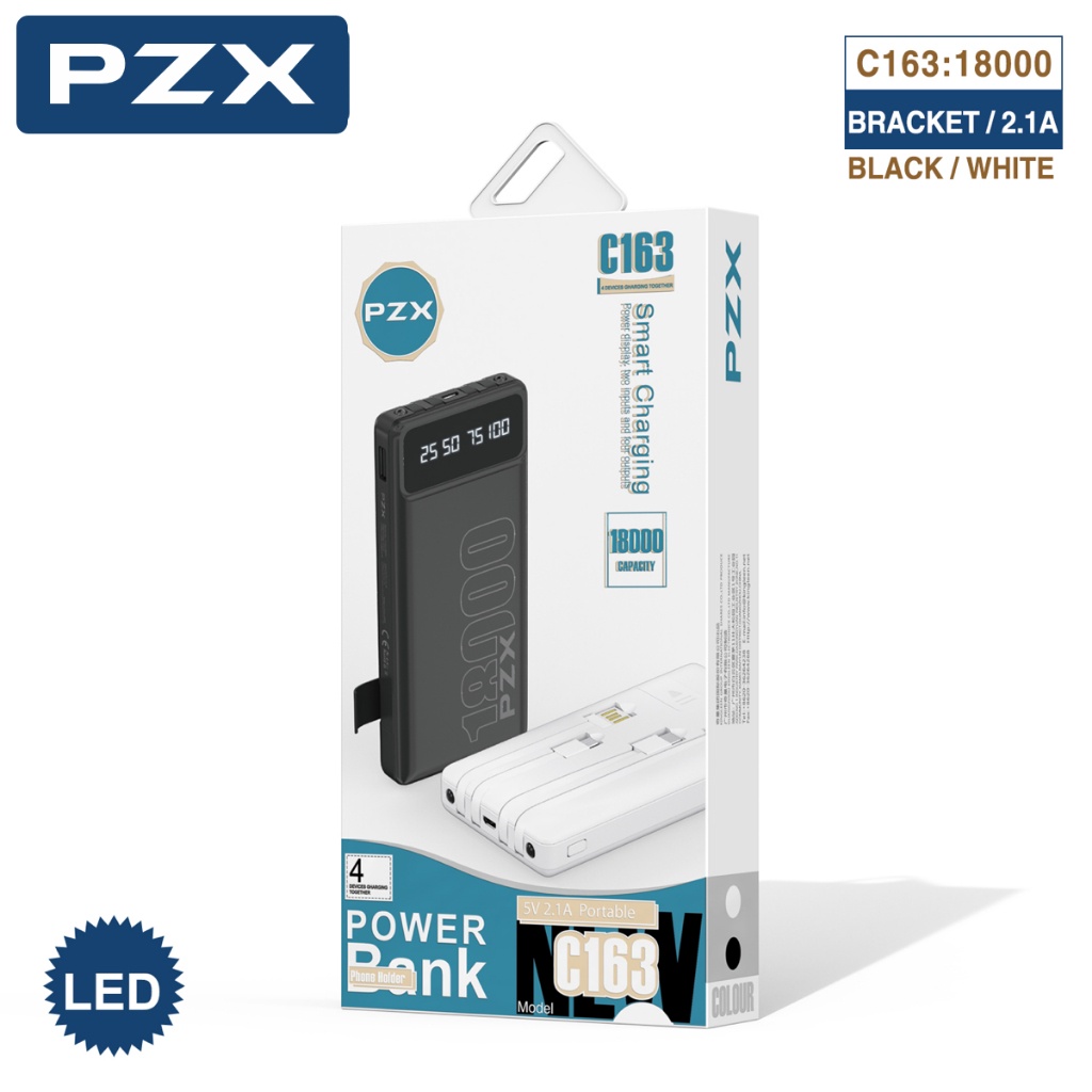 Powerbank PZX LED 18000mAh Built in Cable Fast Charging 2.1A Plus Docking C163