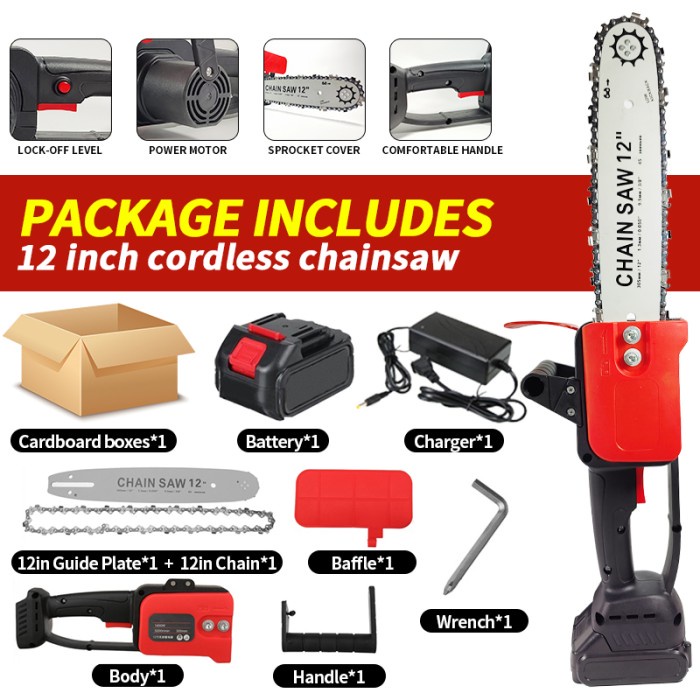 12'' mesin gergaji kayu chainsaw mini mesin gerinda komplit chain saw - 24V Baterai*1