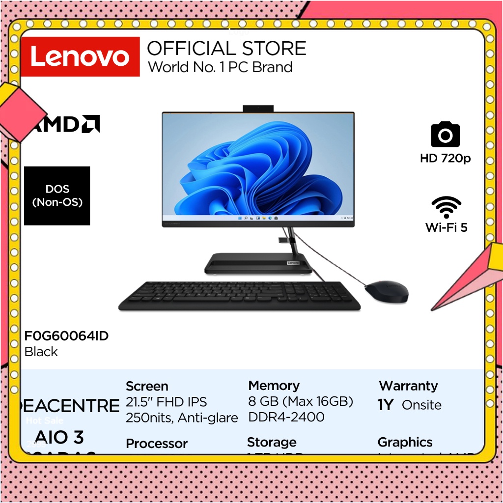 Lenovo PC IdeaCentre AIO 3 22ADA6 AMD 3020e DOS 8GB 1TB HDD 2.5" SATA 21.5" FHD IPS Integrated Radeo